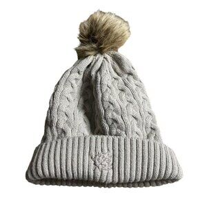AJM International Women's Taupe Maple Leaf Pom Pom Cable Knit Hat